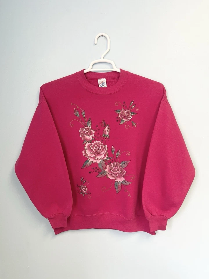 Sudadera Vintage Años 80 Jerzees Super Sweats Rosa Floral Estampado Rosa L Hecha en EE. UU. Foto 2 de 4