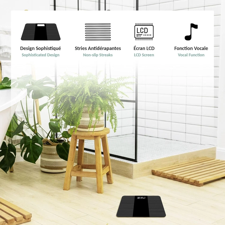 FISHTEC Balance Vocale Salle de Bain – Verre Trempé, 3–180 kg, Antidérapante - Photo 3/4