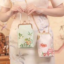 Femme Chinois Rétro Broderie Téléphone Porte-Monnaie Bisou Verrou Chaîne Perlée