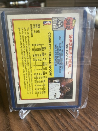 SHAQUILLE O'NEAL 1992-93 Topps Draft Pick ROOKIE RC Orlando Magic CARD #362🔥 - Picture 2 of 2