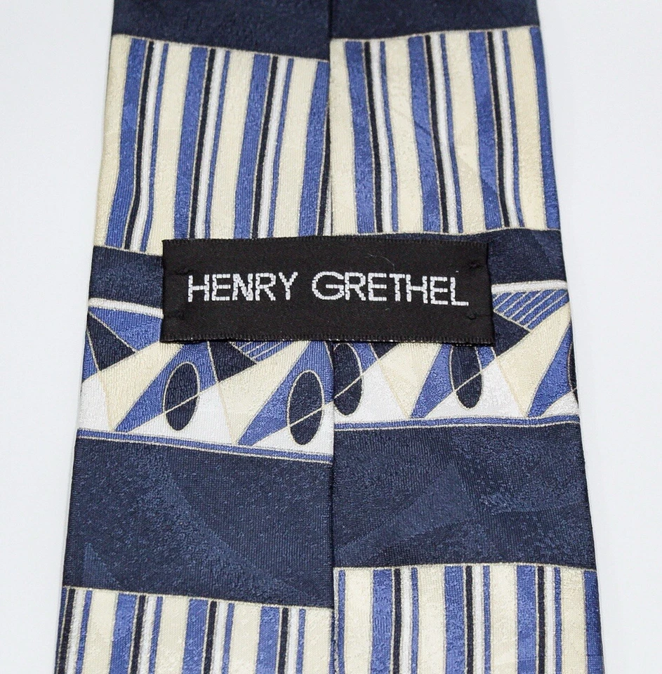 Винтажный синий и бежевый шелковый мужской галстук HENRY GRETHEL - Изображение 4 из 4