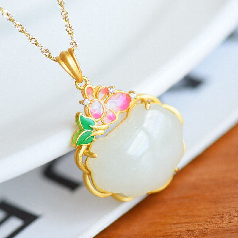 White Jade Ruyi Pendant Necklace Jewelry Amulet 925 Silver Chalcedony Natural