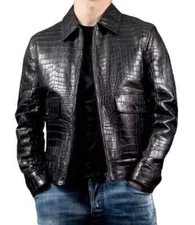 Men's Black Real Leather Embossed Jacket Biker Print Jacket Collar Style Zipper