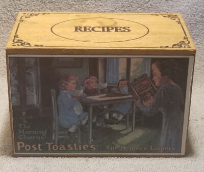 Vintage Bristol Craft Post Toasties Corn Flakes Wooden Recipe Box with Blank...