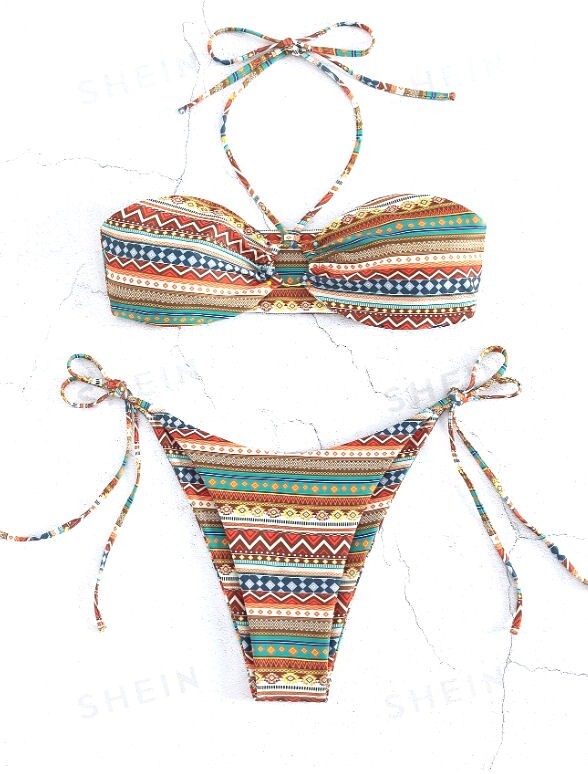 Shein Beach Geo Aztec Print O-Ring Halter Wireless Bra Tie