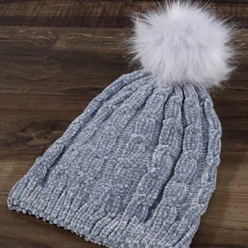 Denim Luxury Chenille Cable Knit Faux Fur Pom Pom Winter Beanie Womens Hat - Picture 2 of 4