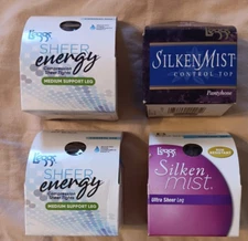 L'eggs Tights Pantyhose Sheer Energy Lot #5 B Nude Black Panty Med Support Leg