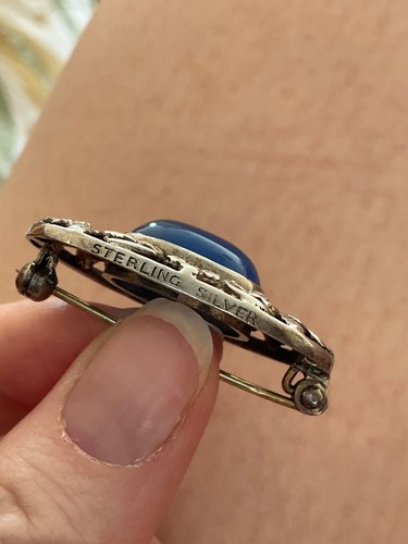 Vintage Silver Sterling Brooch, Bernard Instone Blue Agate Arts & Crafts Flowers - Picture 4 of 9