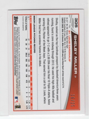 SHELBY MILLER 2013 TOPPS MINI RC PINK /25 ONLY 25 ROOKIE CARD WOW - Picture 2 of 2
