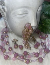 Miriam Haskell Over The Top Pink Whimsical Glass Brooch Necklace Earrings Set C5