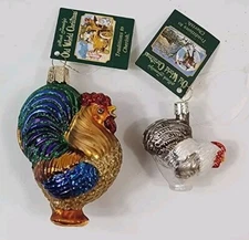 2 Old World Christmas Merck Family Roosters Blown Glass Ornaments