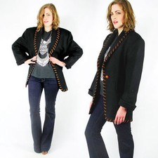 Vintage Black Southwest Southwestern Whipstitch Oversize Blazer Jacket Coat S M