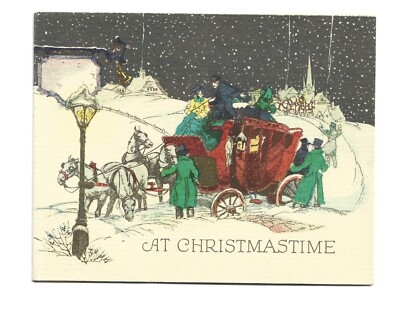 Vintage Christmas Card Coach Horses People Stuck in Snow ''WE NEED A TOW''