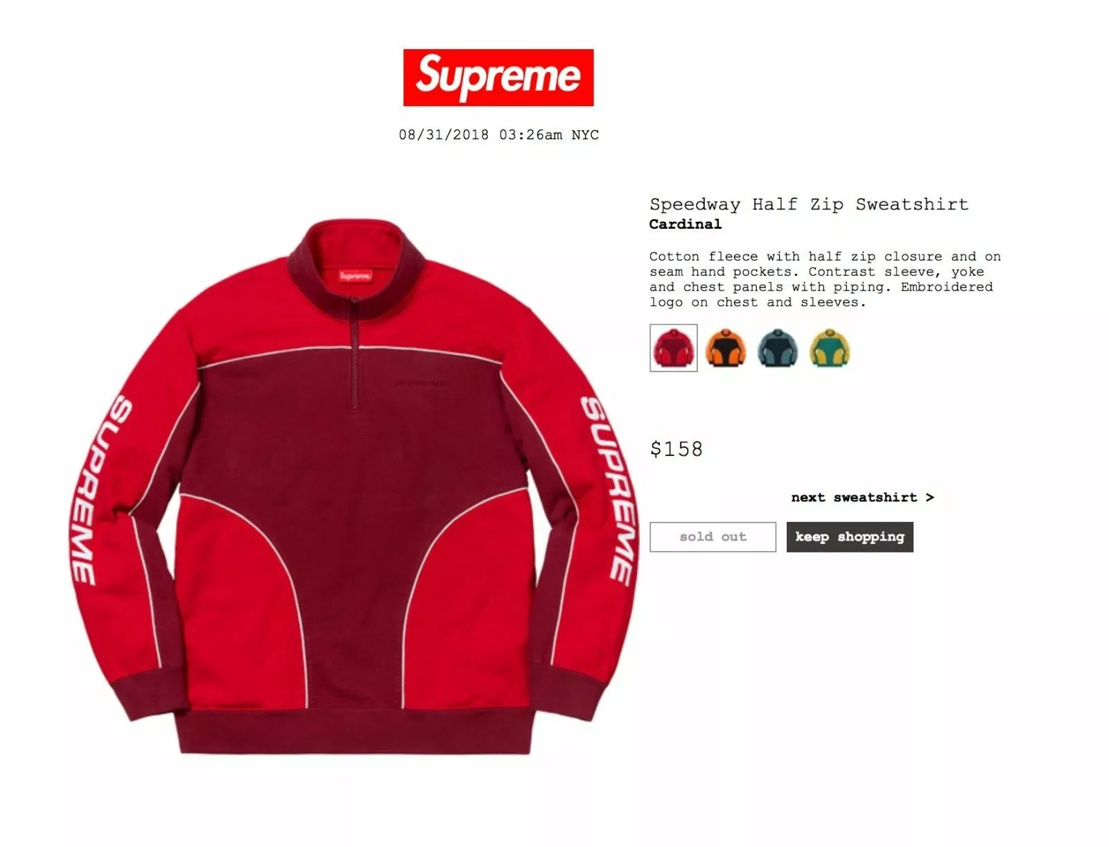Sweat demi fermeture éclair Supreme Speedway Cardinal FW18SW36