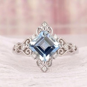Authentic 3.20ct Asscher Natural Aquamarine Gemstones & Diamond Ring 18K White Gold Plated