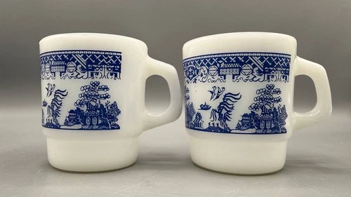 Lot of 2 Vintage Fire-King Blue Willow Milk Glass Stackable Coffee Mugs USA