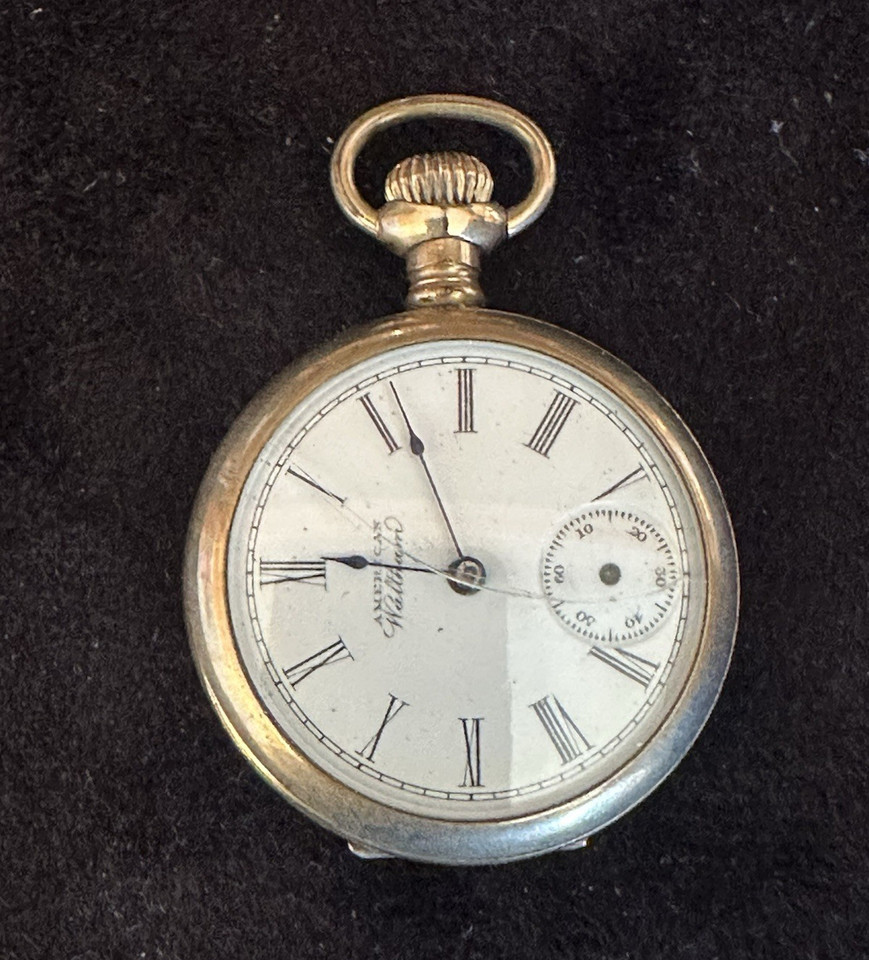 A pre-1900 silver full hunter pocket watch from the American Watch Co. — a genuine piece of American horological history with Roman numerals and a dramatic flip-open case.