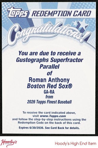 2026 Topps Finest Gustographs Superfractor Roman Anthony RC Rookie AUTO EXCH 1/1