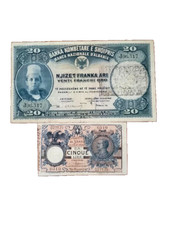 2 banknotes - 5 lire 1925 R2 and twenty francs gold Albania 1926 rare