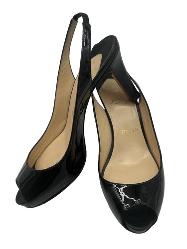 Christian Louboutin schwarze Lackleder Sling Peeptoe Pumps Gr. 37,5 US 7,5