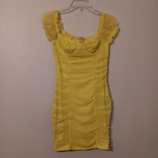 Fashion Nova Morgan Mesh Bodycon Mini Dress Yellow M Ruffle Ruched Short Sleeve