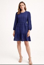 J Crew A Line Dress 10 Tall Navy Blue Eyelet Puff Long Sleeve Cotton Washable
