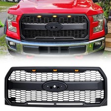 Front Raptor Style Grille Grill Wemblem Hole Amber Lights For 15-17 Ford F150 Front Raptor Style Grille Grill Wemblem Hole Amber Lights For 15-17 Ford F150
