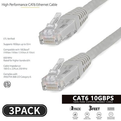 3 Pcs 3ft CAT6 Cable Ethernet Lan 10Gbps RJ45 Network Patch Cord Internet Router