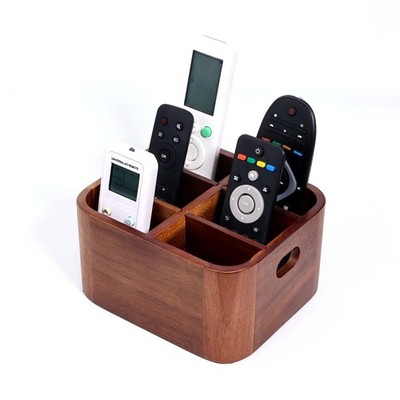 Acacia Wood Remote Control Holder Caddy With 4 Adjustable Dividers Handle