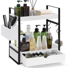 2-Tier Bathroom Organizer Countertop with Drawer and Basket, Wooden Counterto...