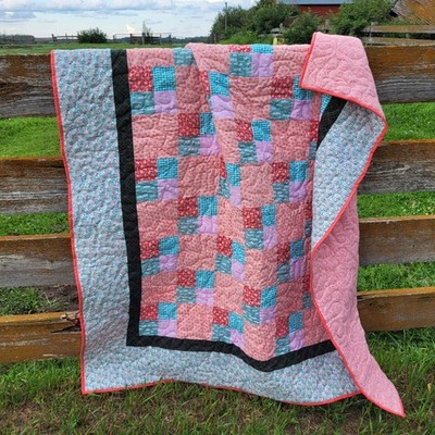 Handmade Pink Teal Patchwork Block Quilt 60 X 65 Cotton