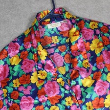 Vintage Victorias Secret Gold Label Floral Satin Pajama Top Navy Pink Medium