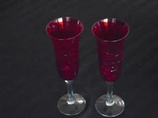 C-1171 2 Ruby Red Ornate Scrolled 9" Champagne Flutes with Clear Stems