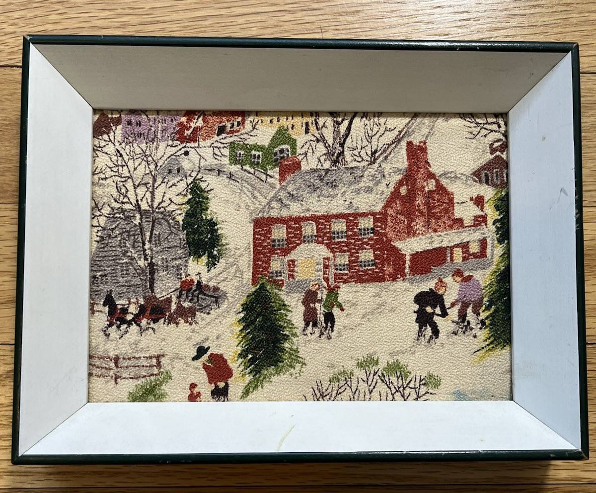 Vintage Bark Cloth? Grandma Moses DEEP SNOW Framed Picture 