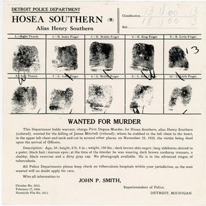 Wanted for Murder Hosea Southern orig 1936 Detroit Police Department Posting