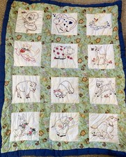 Vintage Hand Embroidered Animal Kingdom Children s Quilted Baby Blanket 48 X 36