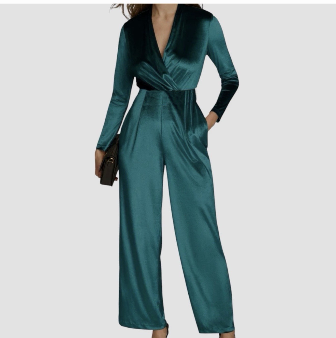 Donna Karan Teal velvet Wrap-Front Wide-Leg Jumpsuit