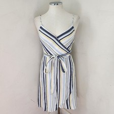 LOFT Blue Yellow Striped Sleeveless Wrap Midi Dress Size 4 Adjustable Strap