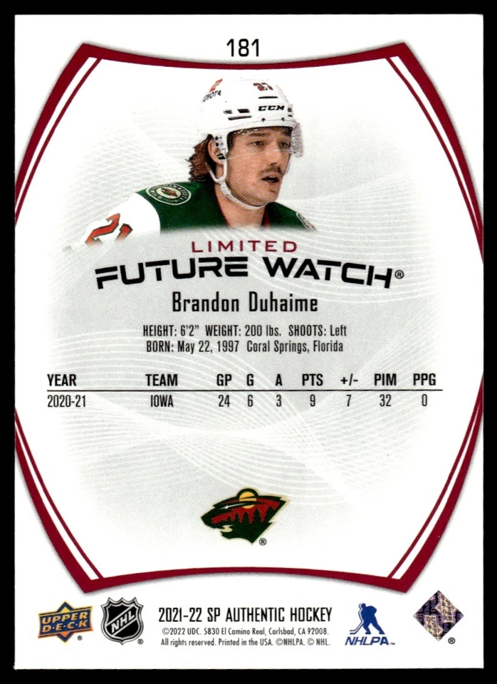 2021-22 SP Authentic Future Watch RED  Brandon Duhaime Minnesota Wild #181 - Image 2 of 2
