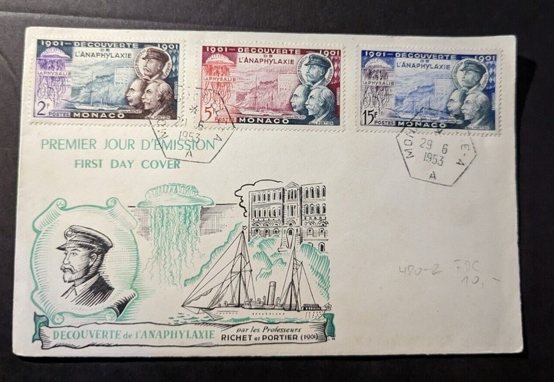 1953 French Monaco First Day Cover FDC Monte Carlo Discovery of Anaphylaxis