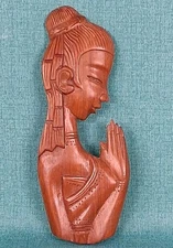 Thai MCM Hand Carved Teak Wood Wall Art Woman Praying Silhouette Vintage 10"