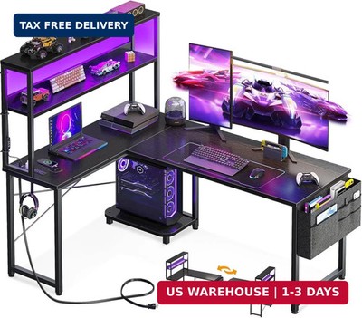 Reversible L-Shaped Computer Desk Gaming Desk with LED Lights and Power Outlets