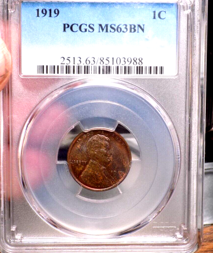 LINCOLN WHEAT CENT 1919 PCGS MS 63 BN MONSTER PASTEL TONER BLUES/REDS - Picture 3 of 5
