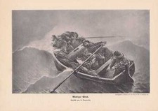 " Widriger Vento " Barca Pesca Barca a Remi IN Sturm Incisione su Legno Di 1905