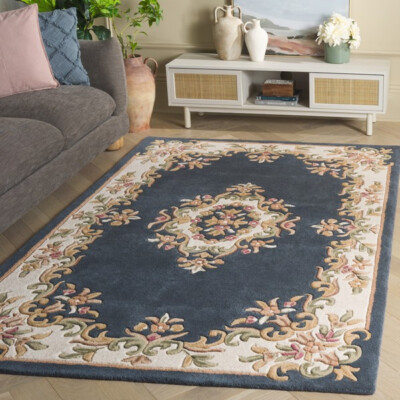 Traditional Medallion Carved Hand Tufted Wool Blue Area Rug **FREE SHIPPING**