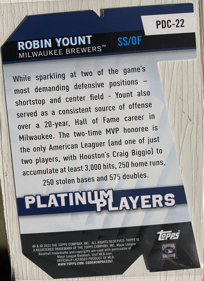 Robin Yount 2021 Topps Series 1 Platinum Players Die Cut Insert PDC-22 Brewers - Image 2 of 2