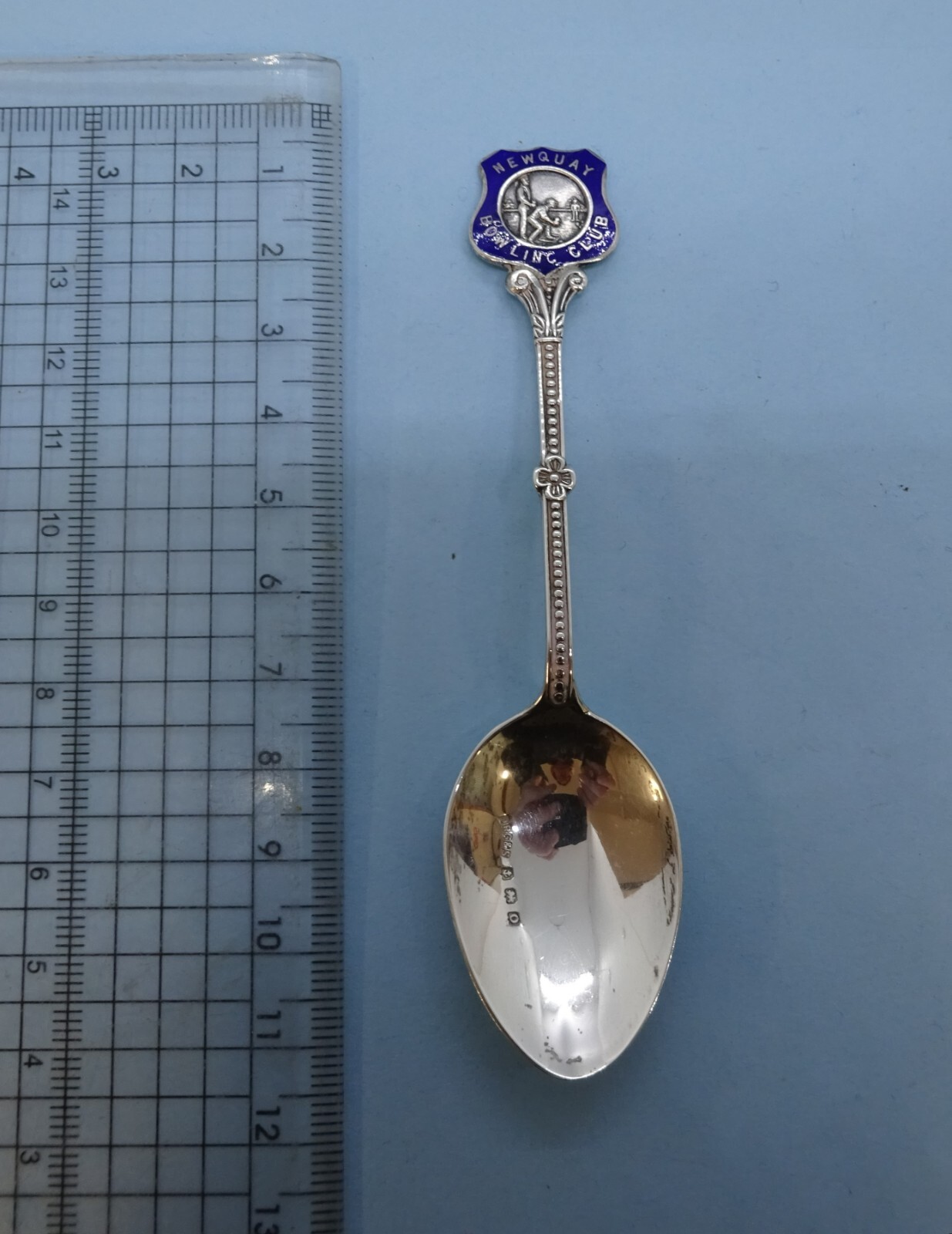 NEWQUAY BOWLING CLUB Solid SILVER & Enamel SPOON. Birm 1938 JR Gaunt