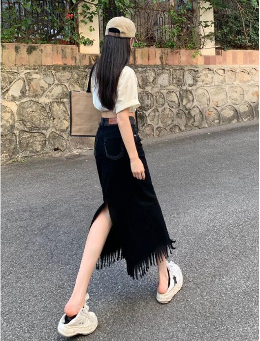 Womens Fashion Stretched Fringe Frayed Slit Slim Fit Denim