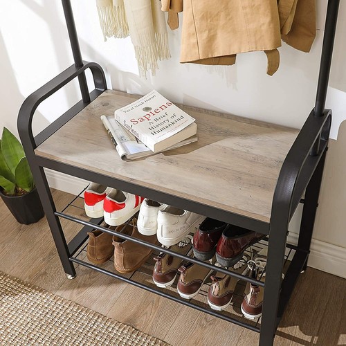 Greige and Black Steel Freestanding Coat Rack Stand with Removable Hooks, Bench - Picture 7 of 7