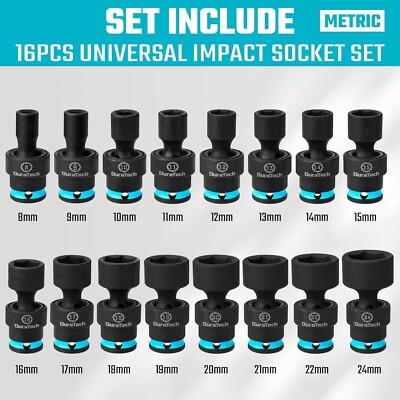 DURATECH 3/8'' Drive 16 Pieces Shallow Universal Impact Swivel Socket Set Metric